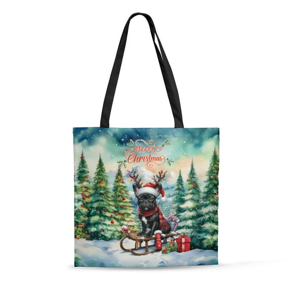 Merry Christmas Santa Reindeer Antlers French Bulldog Sleigh Xmas Winter Holiday All Over Print 3D Canvas Tote Bag Dog Lover Gifts Reusable Handbag - 00023