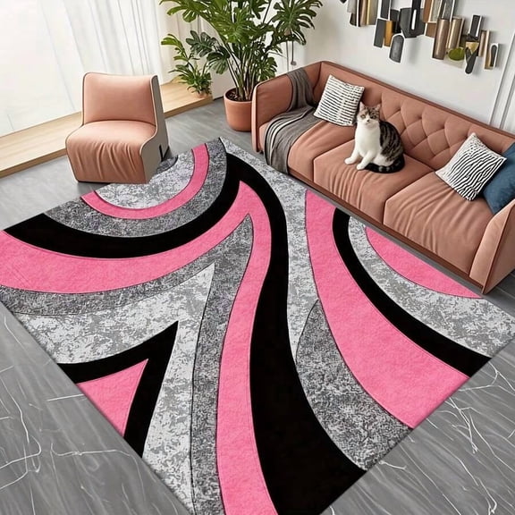 Pink Black Grey Abstract Swirl Area Rug
