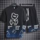 thumbnail image 3 of Conjunto de chándal y pantalones cortos para hombre, chándal con capucha y estampado de gofres en negro, dos piezas, camiseta y pantalones cortos, estilo coreano 2024, atuendo elegante, 3 of 4