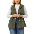 thumbnail image 1 of Women's Plus Size Utility Vest Stand Collar Cargo Pocket Drawstring Waist Sleeveless Jacket ArmyGreen 2X, 1 of 7