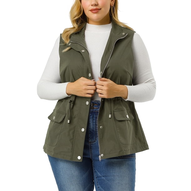 Women's Plus Size Utility Vest Stand Collar Cargo Pocket Drawstring Waist Sleeveless Jacket ArmyGreen 2X