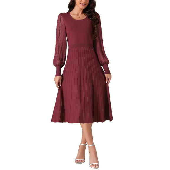 INSPIRE CHIC Women's Mesh Puff Long Sleeve Dress Crewneck Pleated Ribbed Knit Midi Dress Casual Sweater Dresses