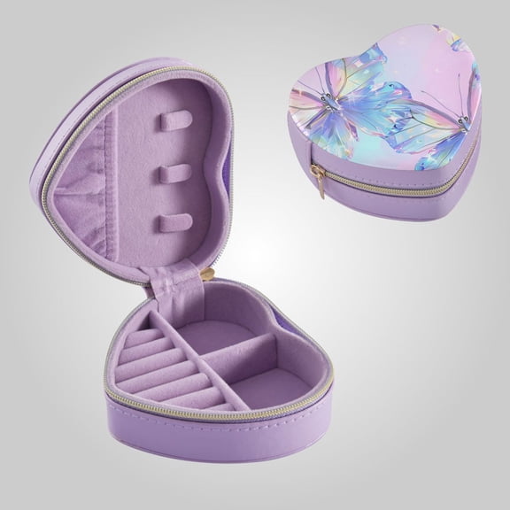 Dreamy Crystal-like Butterflies PU Leather Heart-shaped Jewelry Box Jewel Cases with Zipper Storage Organizers Purple