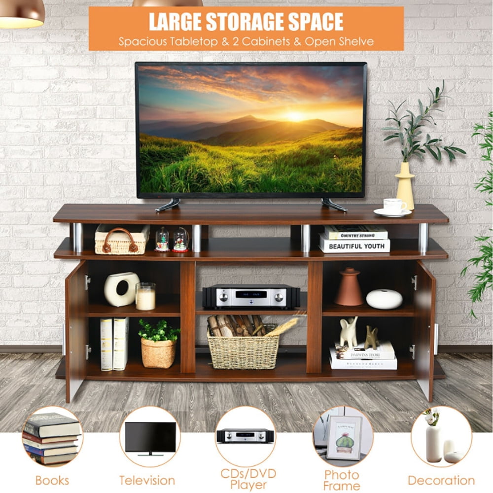 Finihen TV Stand, TV Cabinet, 63 Inch TV Entertainment Console Center with 2 Cabinets, Media Entertainment Center with Storage, for Living Room, Bedroom, Walnut