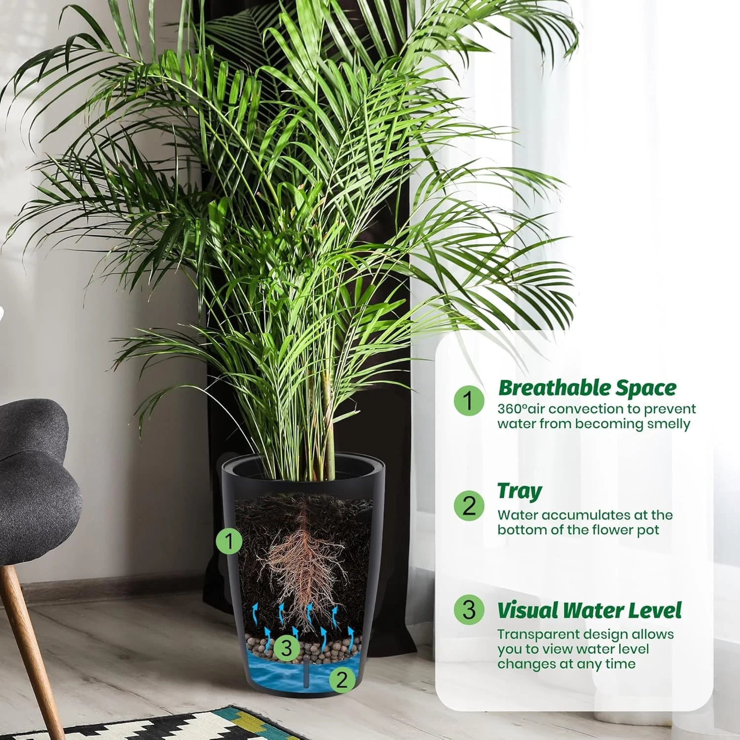 Riedhoff 15.7" Tall Round Planter Pots, Built-In Drainage, Self-Watering, 2 Count, Black