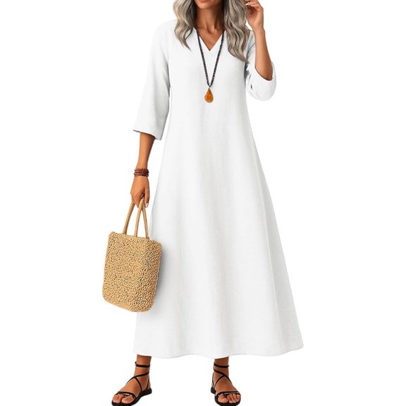 Cotton Linen Dress Women Solid Color Short Sleeve Tunic Boho A Line Maxi Dress Casual Summer Long Flowy Beach Vacation Clothes Cocktail Dresses