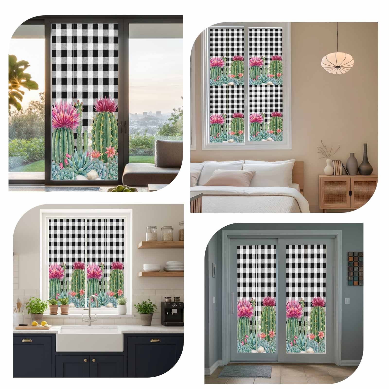 Summer Botanical Window Privacy Film, Tropical Saguaro Opuntia Green Cactus Black Plaid Frosted Glass Window Clings Static Cling UV Heat Blocking Reusable Door Sticker for Bathroom 23.6 x 59 Inch