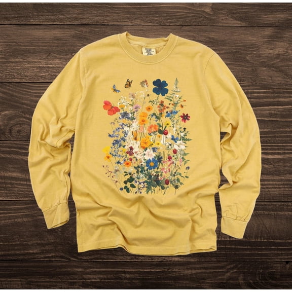 Wildflowers & Butterflies Long Sleeve T-shirt: Comfort Colors Cottagecore Floral