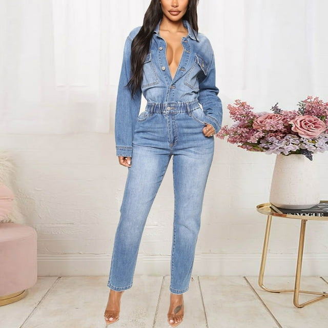 Leodye Combinaison en Jean pour Femmes Manches Longues Boutonnée Combinaison en Jean Extensible Coupe Ajustée Jambe Droite Jeans Long Rompers Bleu 14(TTTG)