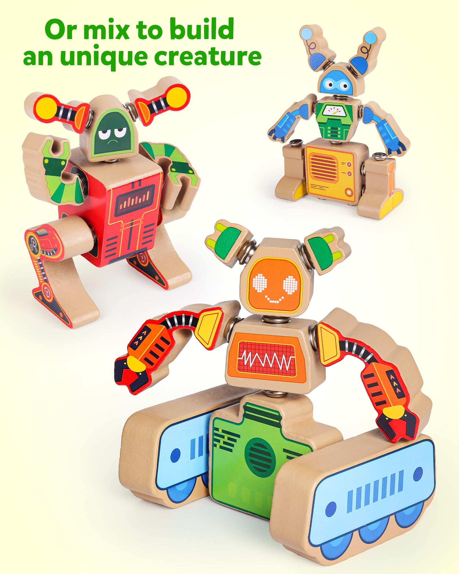 Coogam Fine Motor Building Robot Blocks for 3 4 5 Years Old, Wooden Snap Together Robot Builders, STEM Take Apart Robot Playset, Educational Learning Toy for Boys Girls