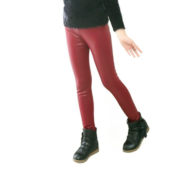 XBASW 3-12Y Girls Faux Leather Pants for Toddler Kids Winter Fleece Lined Leggings Fall Winter Stretchy Trousers