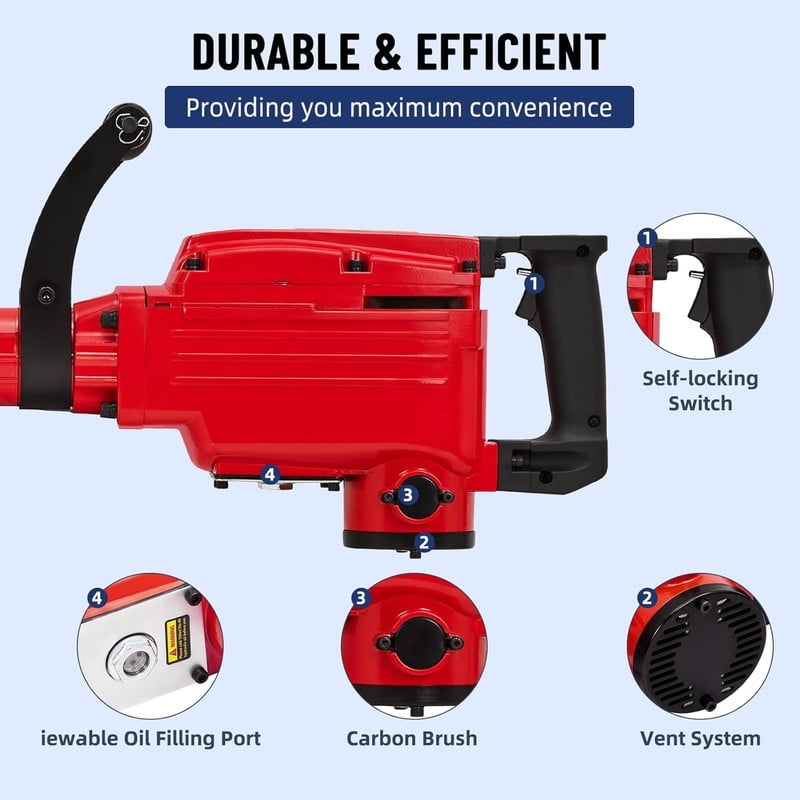 2200W Electric Jack Hammer Demolition Tool Kit, 4-piece set, Jack Hammer Concrete Breaker, Jack Hammer, Demolition Hammer, Includes 2 Bits, Heavy-Duty Concrete Breaker, 65A
