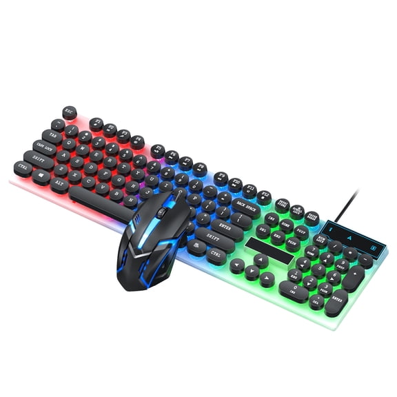 Wireless RGB Backlit Keyboard and Mouse Combo with 1000DPI Optical Wired Keyboards and Gaming Mouse for Office and Entertainment, Engraved Characters, 104Key Layout, 6 Key Anti Ghos