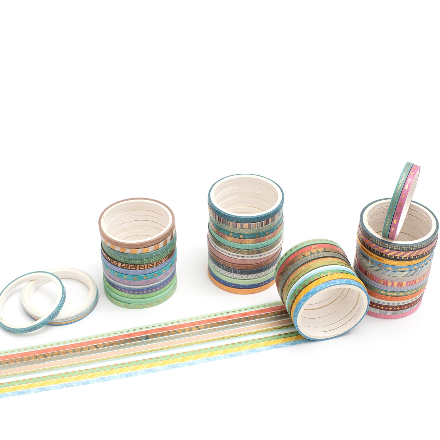 60 Rolls Skinny Washi Tape Set Gold Foil Masking Thin Basic Patterns Decorative Tapes for Arts, DIY Crafts, Journals, Planners, Scrapbook, Wrapping