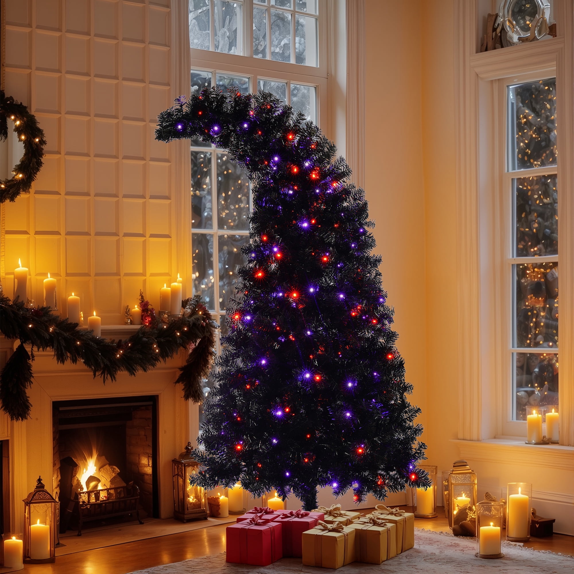 Euroco 6FT Artificial Christmas Tree with LED Light, Pre-Lit Curved Shape Artificial Whimsical Xmas Tree with 900 Tips, Black Christmas Tree