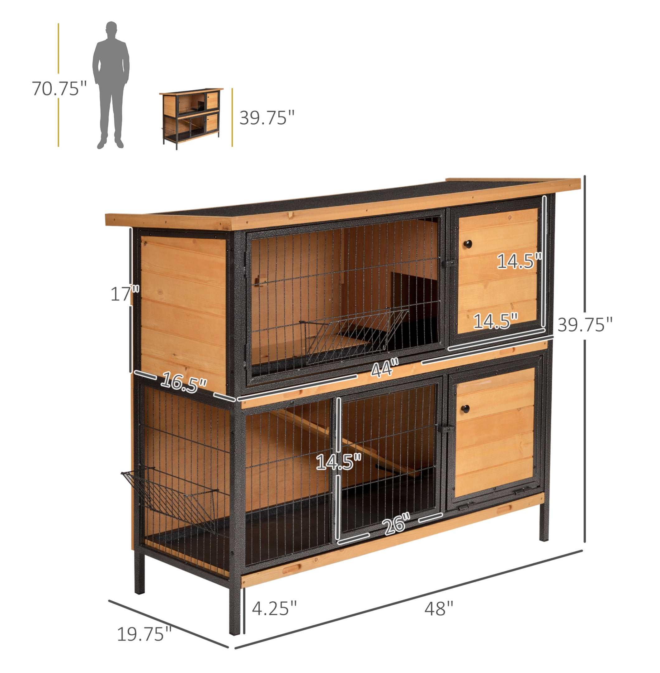 " 2-Story Large Rabbit Hutch Bunny Cage Wooden Pet House Metal Frame with Individual Room, Ramp, No Leak Tray, Feeding Trough, Waterproof Asphalt Roof for Outdoor/Indoor