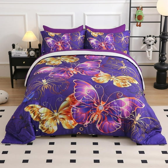 Wajade Butterfly Comforter Set Queen Size, 7PCS Bed in A Bag Retro Soft Purple Bedding Collection with Comforter, Sheet, Pillowcase and Sham