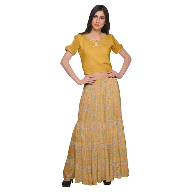 Moomaya Ensemble Ethnique Deux Pièces Jupe Évasée et Crop Top en Rayonne pour Filles