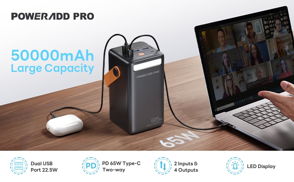 POWERΛDD 50000mAh Power Bank 65W Fast USB-C Portable Charger LED Flashlight For Laptop Tablet Cellphone