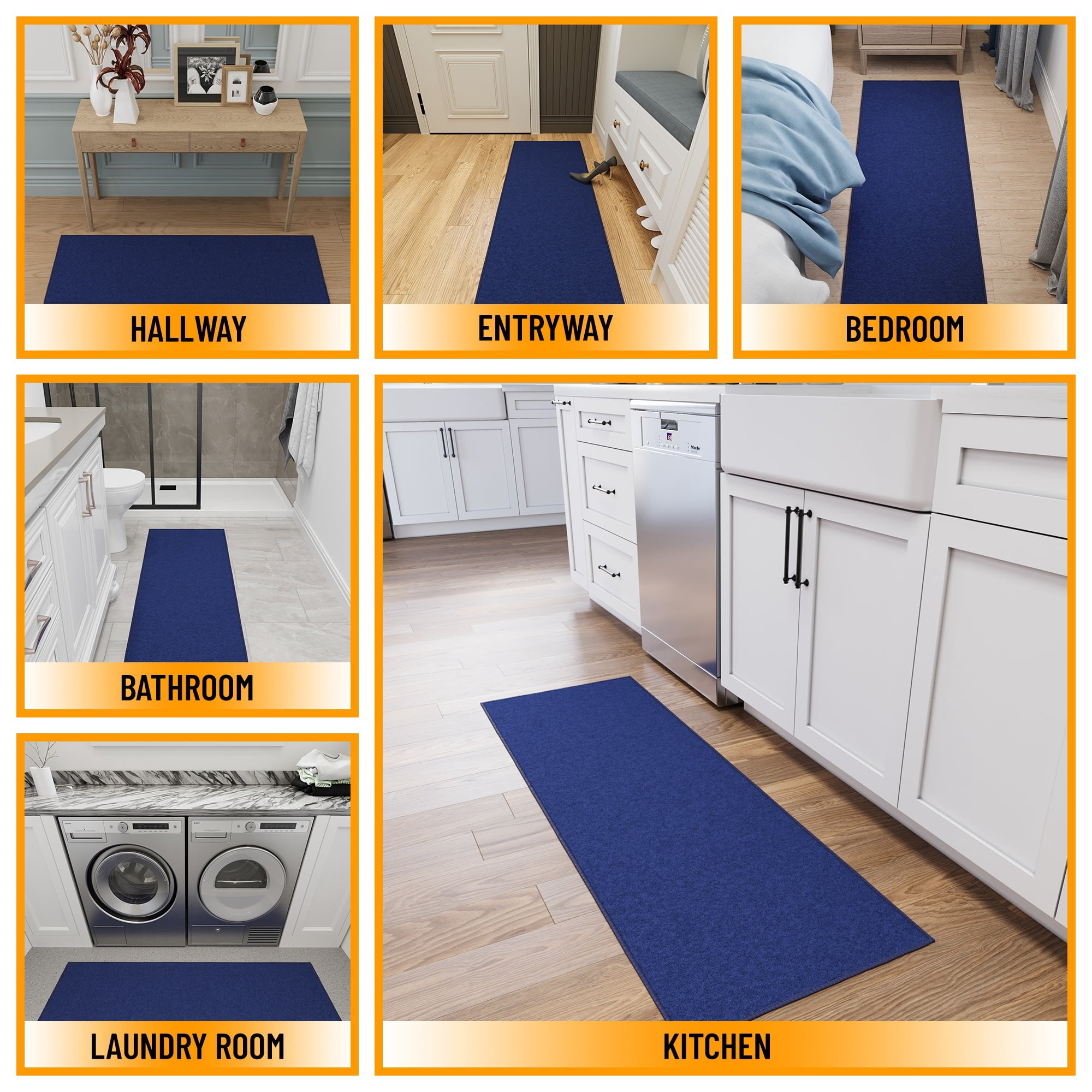 Ottomanson Solid Bathroom Runner Rug 20" x 59" - Non Slip Low Pile Carpet, Navy