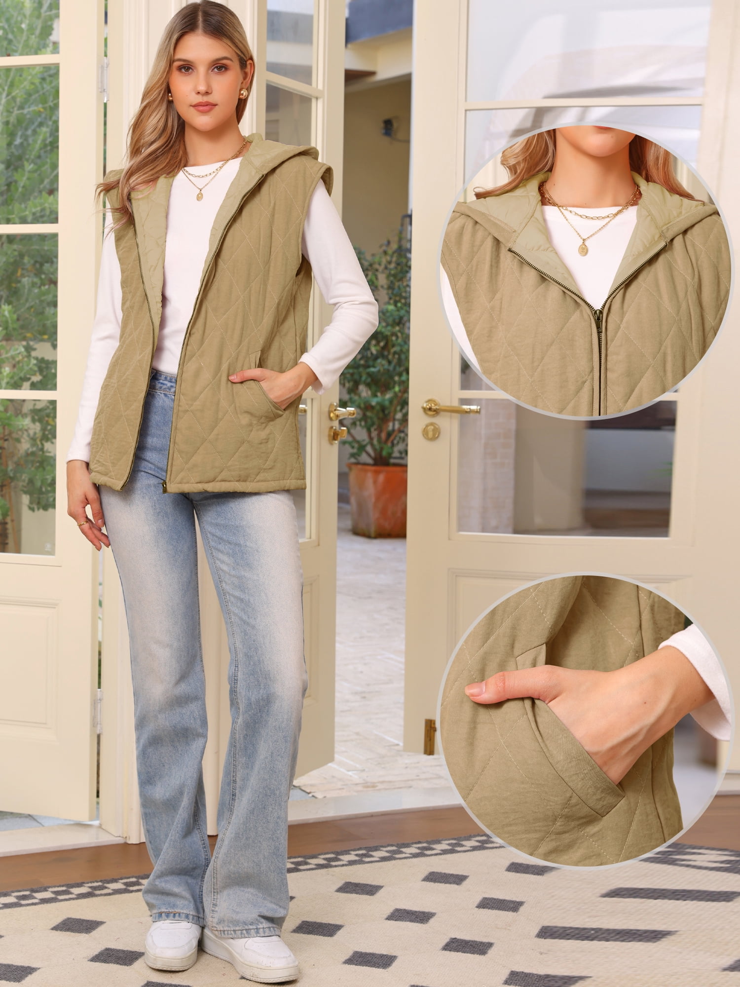 DARING DIVA Women's Puffer Quilted Vest Sleeveless Winter Gilet Zipper Jacket XS Khaki