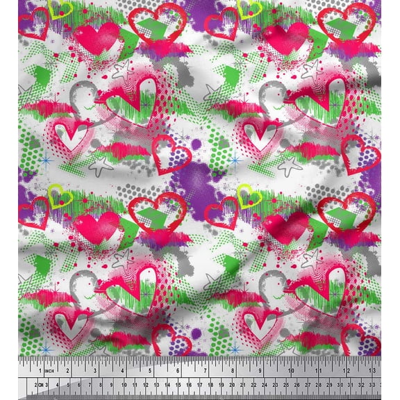 Soimoi Pink Rayon Fabric Brush Stroke,Star & Heart Printed Fabric 1 Yard 56 Inch Wide