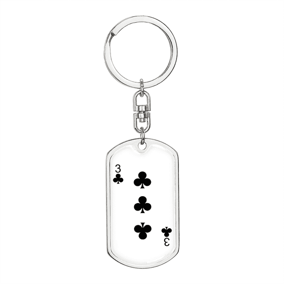 3 of Clubs Gambler Stainless Steel or 18k Gold Premium Swivel Dog Tag Keychain