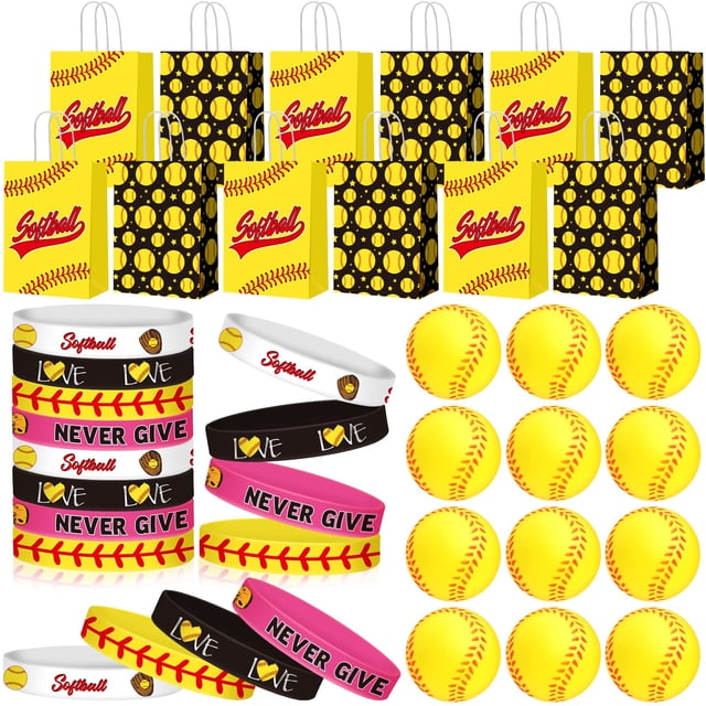 Set de regalos para fiestas MTLEE para softball con 12 bolsas de papel y pulseras