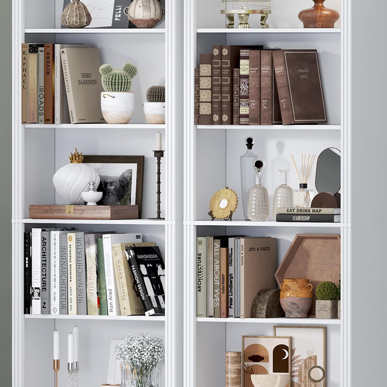 PUFFCAFE 75" Tall Bookcase,24" Wide Wood Book Shelf,6 Tier Display Storage Shelves,White Book Case for Home Office Living Room Bedroom Study,2 Pack