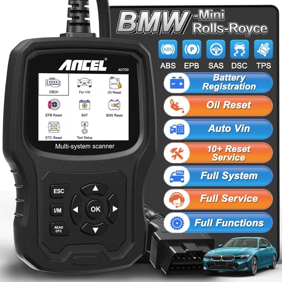 ANCEL AD700 OBD2 Scanner Diagnostic Tool for BMW/Mini/Rolls-Royce, Full System Car Code Reader with 14 Resets, D-P-F Regen, EPS-SAS-Oil Reset, Bat-tery Registration Tool, Lifetime Free Update