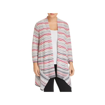 NIC+ZOE Womens Gray Striped 3/4 Sleeve Open Cardigan Wear To Work Top Plus 1X