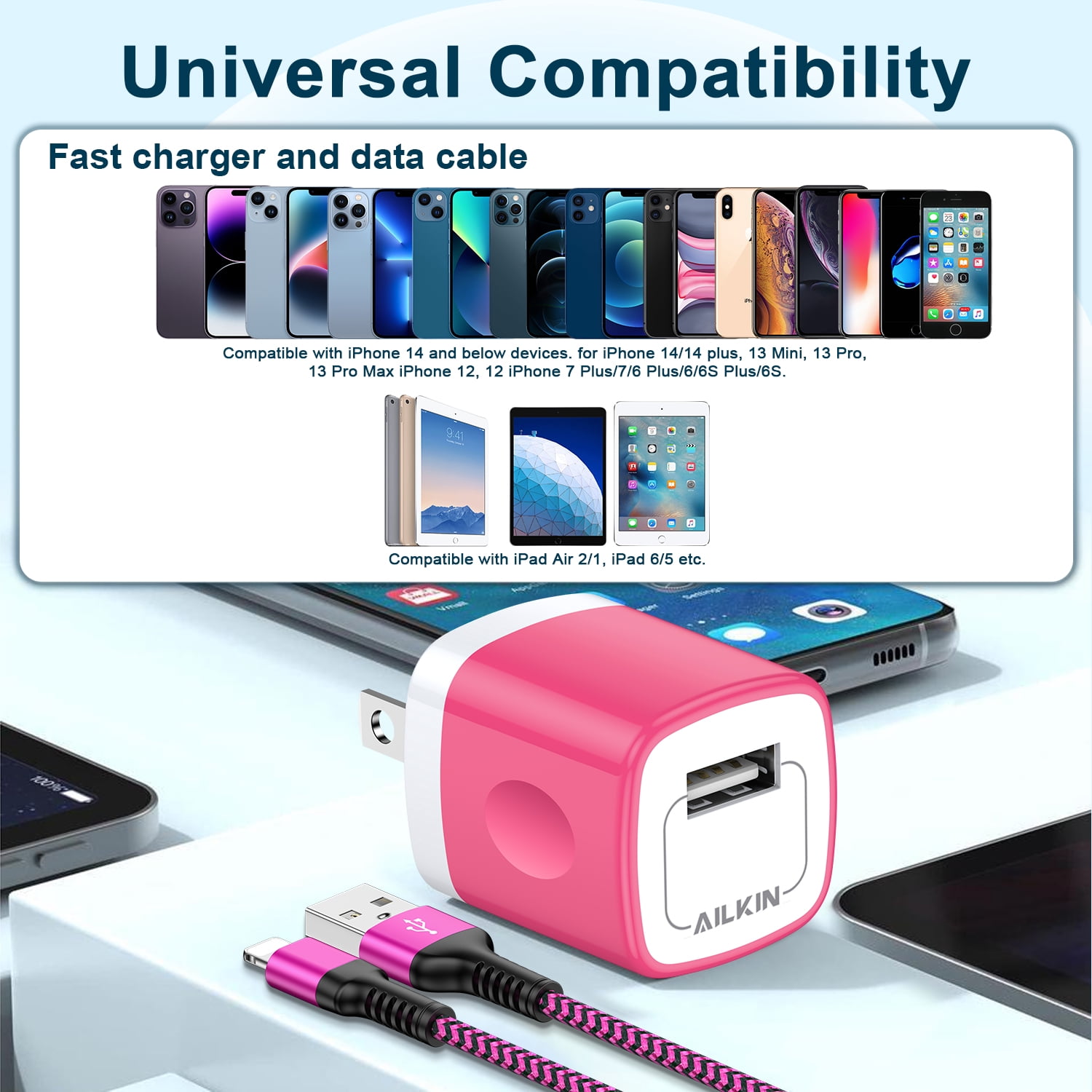 Compatible with iPhone Charger Fast Charging,3Pack AILKIN Charger Block with 6ft Cord Charging Block Plug Power USB Wall Charger Adapter Compatible with iPhone 14/13/12/11,Blue+Purple+Pink