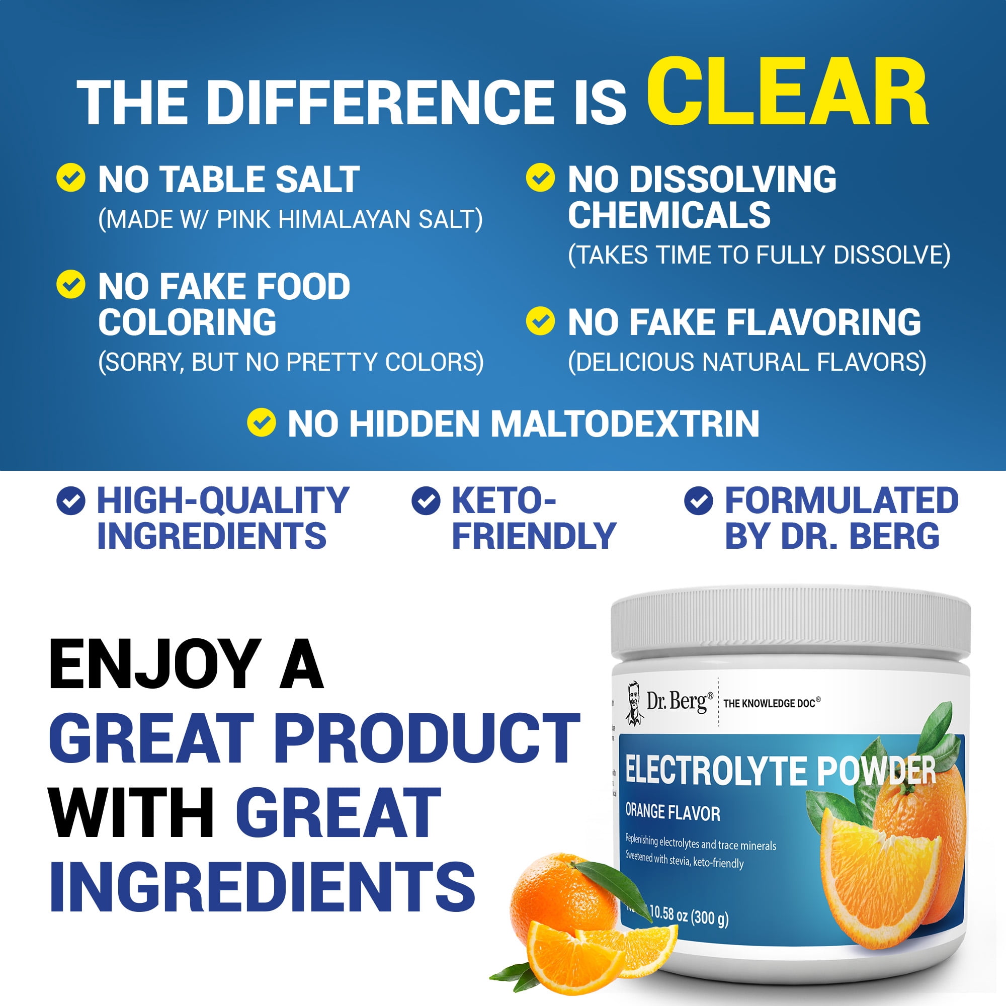 Dr. Berg Electrolyte Powder - Orange Hydration Powder, 50 Servings