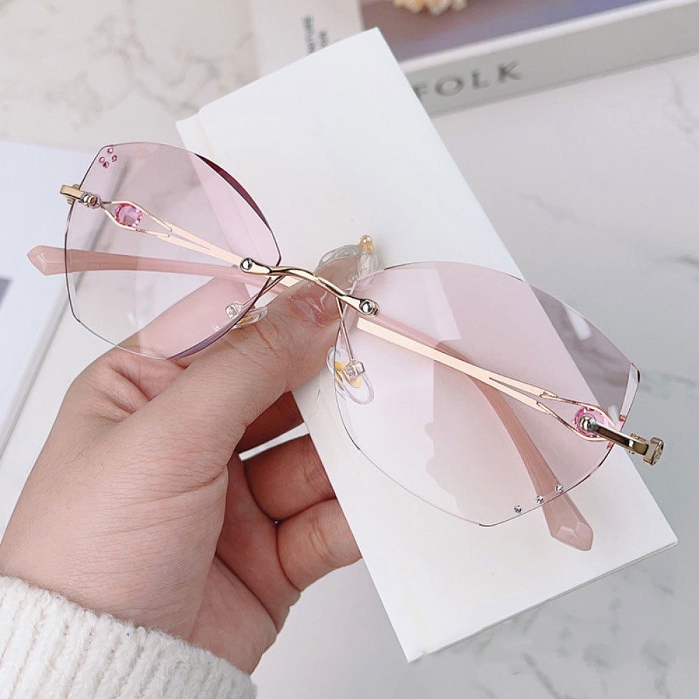 Butterfly Gradient Pink Rimless Reading Glasses +1.50, Diamond Frameless Ultra-light Blue Light Blocking Readers 1.50 for Women