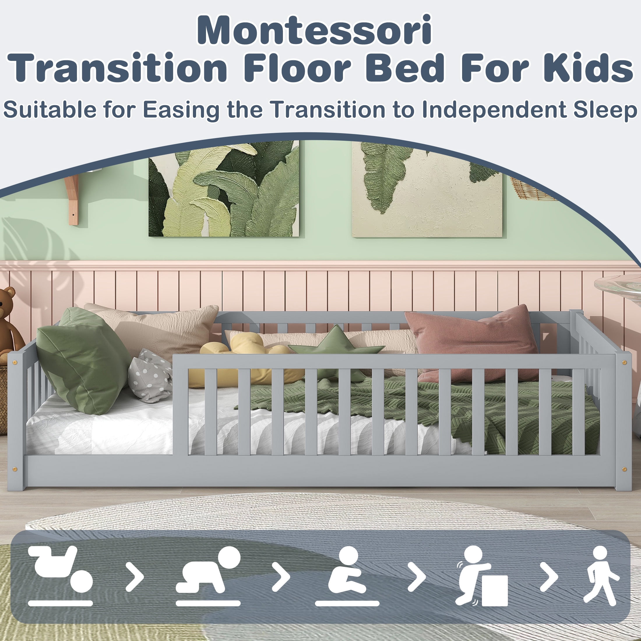 PORKISS Twin Floor Bed with Guardrails, Gray Montessori Floor Bed Frame for Kids, Wood Toddler Bed Frame with Slats, Low Profile Kids Bed, Open Entry, No Box Spring Needed