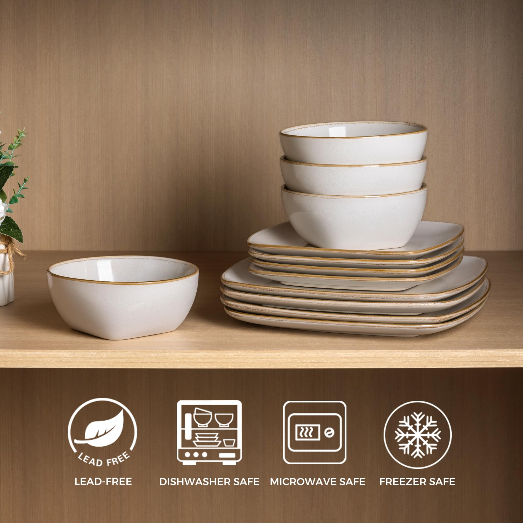 AmorArc Set di stoviglie in ceramica per 6, piatti e ciotole in gres maculato con fondo in terracotta rustica, antigraffio, lavabili in lavastoviglie e adatti al microonde, 18 pezzi, beige