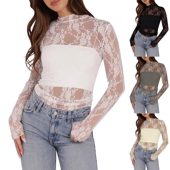 VBVC Women's Long Sleeve Lace Mesh Sheer Top,Ladies High Neck See-Through Floral Blouse,Slim Fit Party Clubwear Crop Top for Women,Beige,S-XL