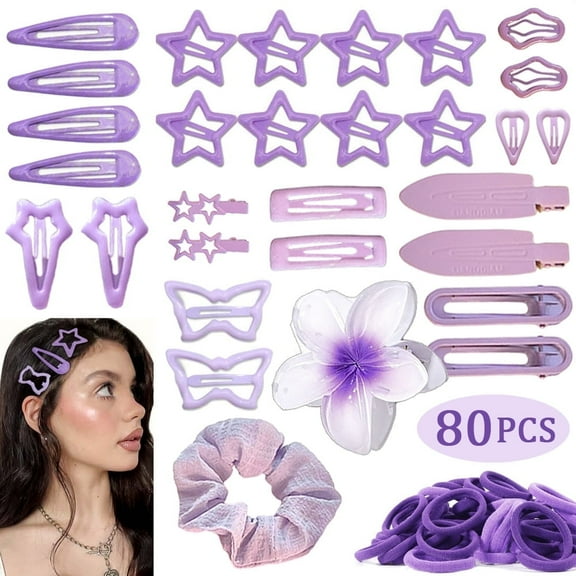 80 PCS Women’s Purple Hair Clips Set – Elegant Flower & Snap Hair Clips with Elastic Headbands