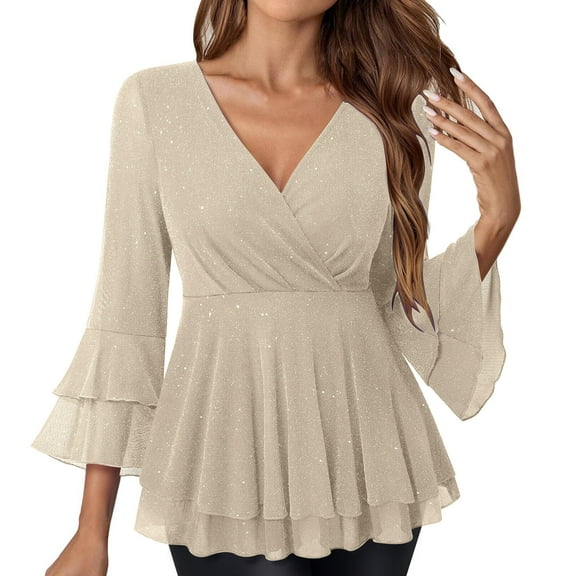 Womens Maternity Tunic Work Tops Dressy Casual Ruffle 3/4 Sleeve V Neck Double Layers Chiffon Blouses Tops