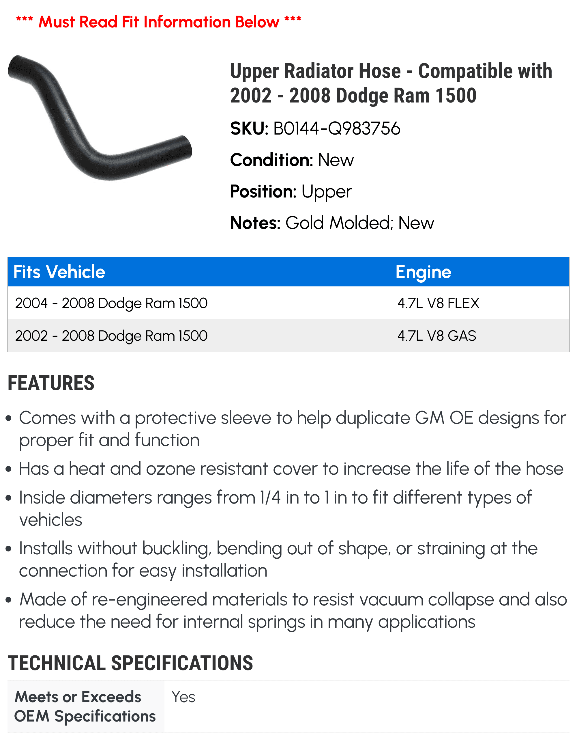 Upper Radiator Hose - Compatible with 2002 - 2008 Dodge Ram 1500 - AC Delco