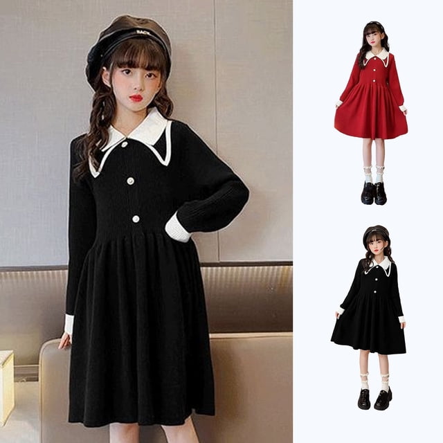 Zwiiyzr 2025 Robes de Princesse pour Filles Chandail Col Poupée Robe à Revers Manches Longues Robe Tricotée à Volants Taille 2-10 Ans Bordeaux