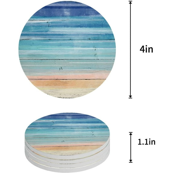 FMSHPON Gradient Watercolor Style Sky Wood Grain Set of 4 Round Coaster for Drinks, Absorbent Ceramic Stone Coasters Cup Mat with Cork Base for Home Kitchen Room Coffee Table Bar Decor