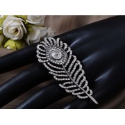 Alilang Adjustable Silvery Crystal Rhinestone Peacock Feather Statement Ring