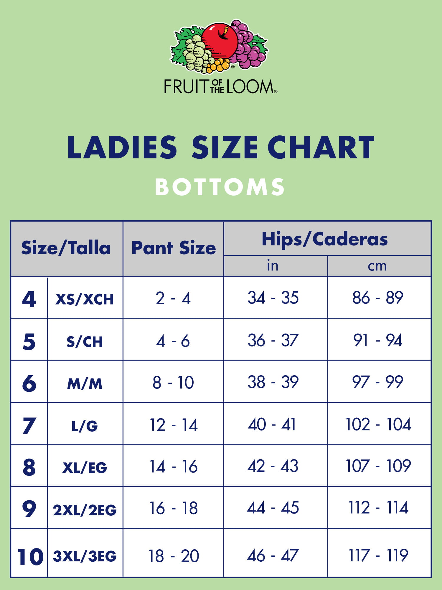 Size Chart Fruit Of The Loom