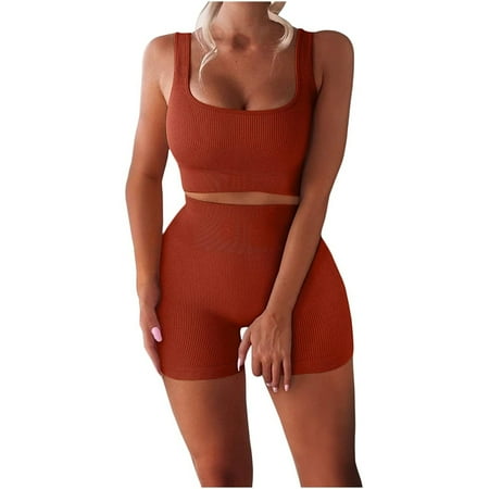 

Wyongtao Cozy Women Sleeveless Seamless Ribbed Crop Tank High Waist Shorts Yoga Outfits Sets