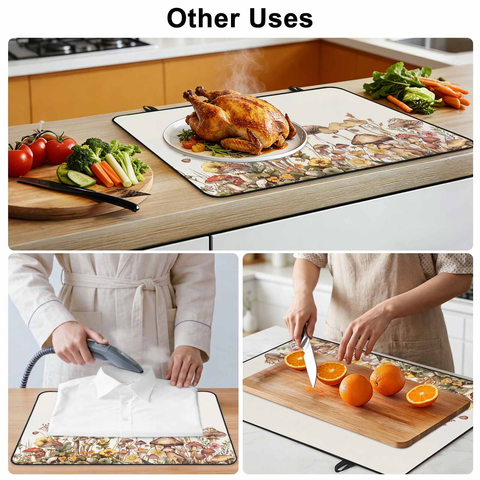 Vintage Mushroom Stove Top Cover for Electric Stove, Heat-proof & Non Slip Glass Top Stove Cover Protector, Farmhouse Summer Botanical Floral Kitchen Flat Cooktop Rubber Mat 28.5x20.5 Inches