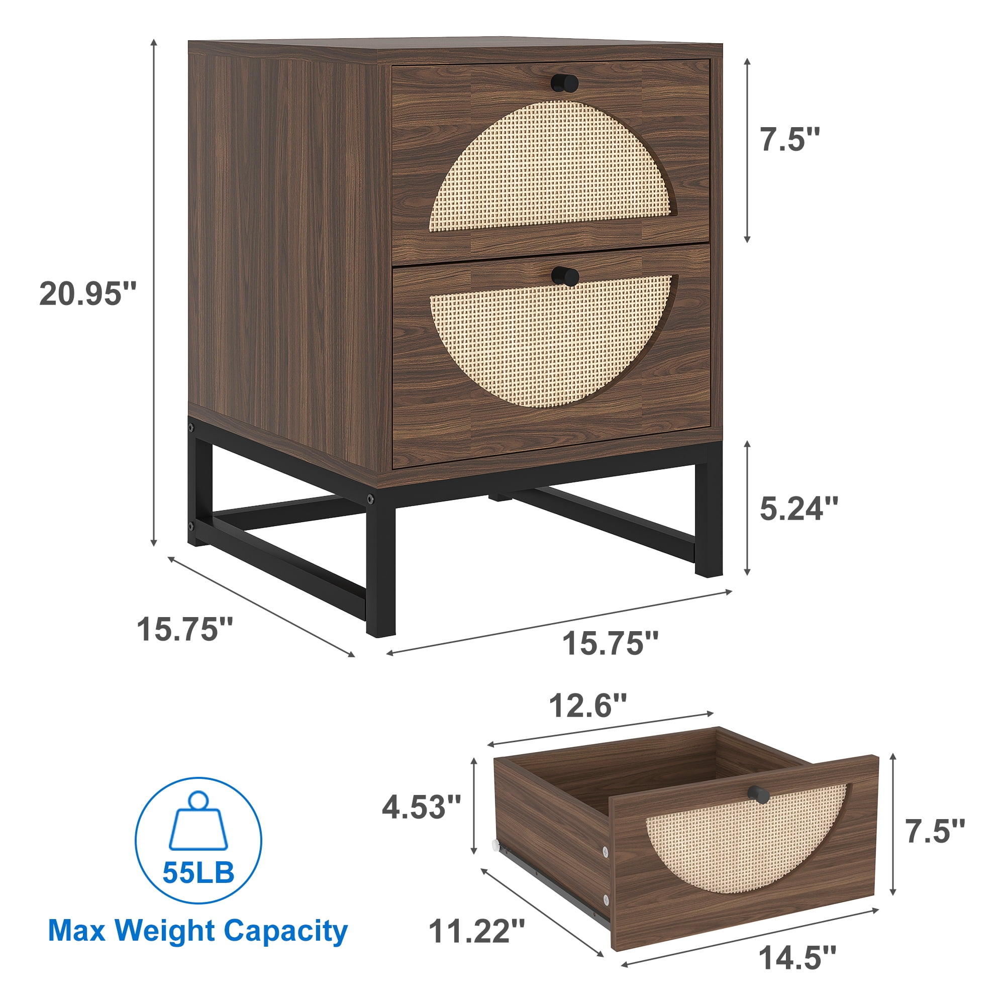 Resenkos Walnut Nightstand Set of 2 for Bedroom, Wood Rattan Night Stand Living Room