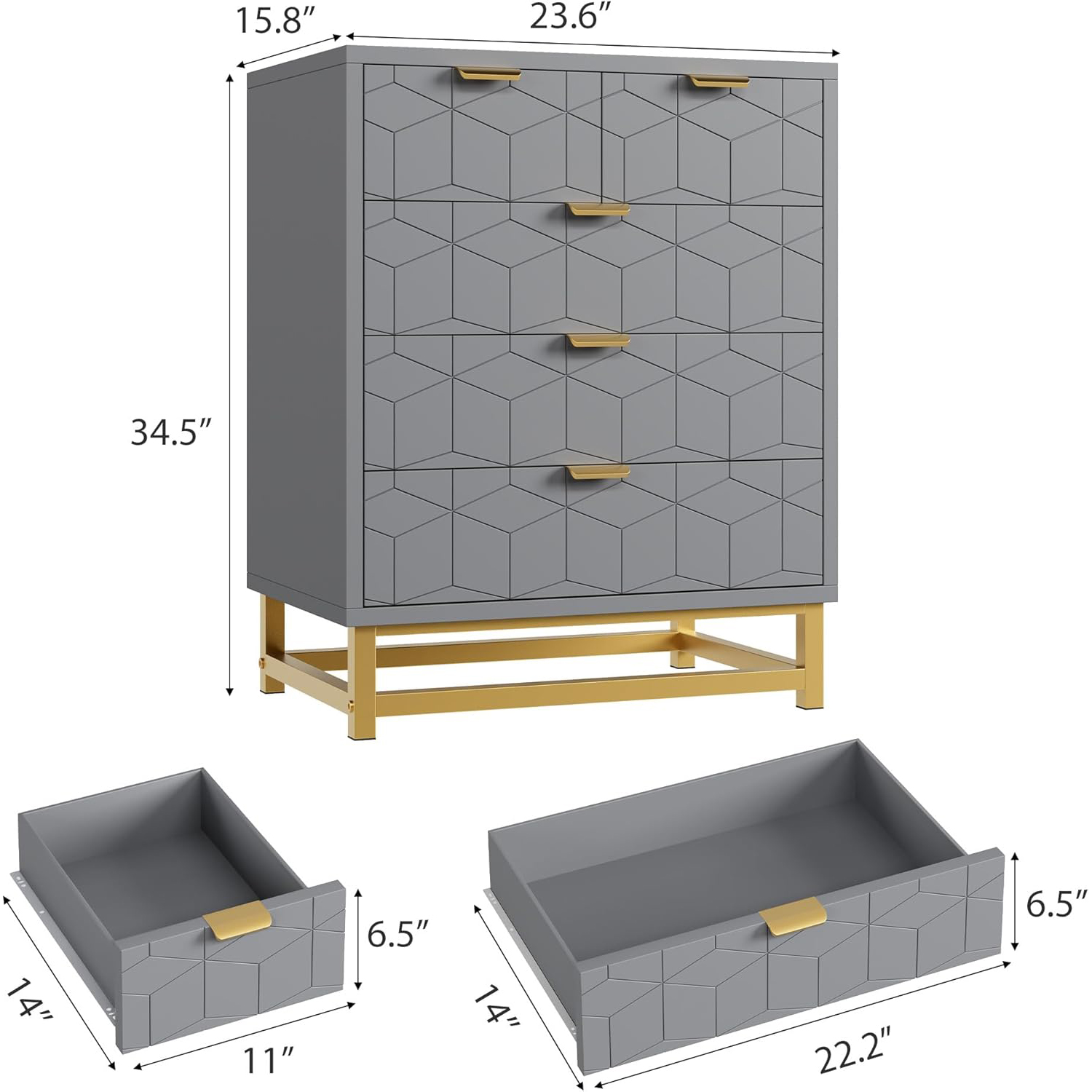 Modern 5-Drawer Dresser with Gold Metal Legs, Grey Stylish Storage Chest for Bedroom, Closet or Living Room