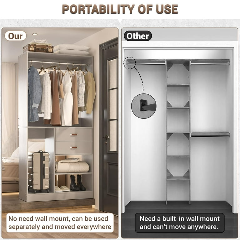 Homieasy Freestanding Closet System with Suitcase Storage, 40 Inches Stand-Alone Wardrobe with 2 Wood Drawers, 80'' Height Adjustable Cloth Garment Rack, Walk-in Closet with Hanging Rod, Grey - Walmart.com Homieasy Freestanding Closet System with Suitcase Storage, 40 Inches Stand-Alone Wardrobe with 2 Wood Drawers, 80'' Height Adjustable Cloth Garment Rack, Walk-in Closet with Hanging Rod, Grey - Walmart.com