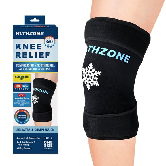 HLTHZONE Knee Ice Pack Wrap, Reusable Gel Hot & Cold Compression Wrap for Pain & Swelling Relief, Leakproof for Post-Surgery & Sports Recovery, One Size